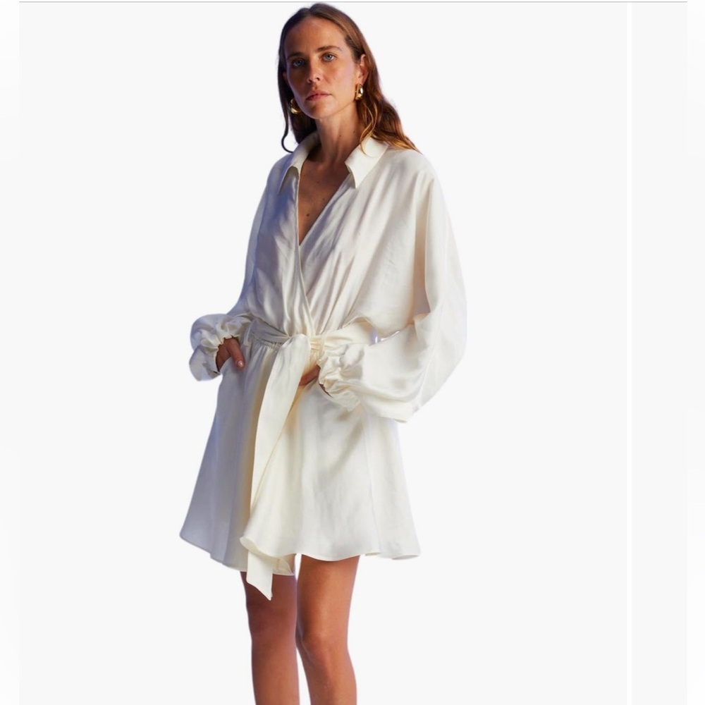 NWT Ivory Wrap Mini Dress with Puff Sleeves